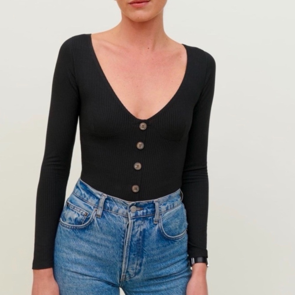 Reformation Black Ribbed Button Front Long Sleeve Top Women’s XS Perfect NWOT
